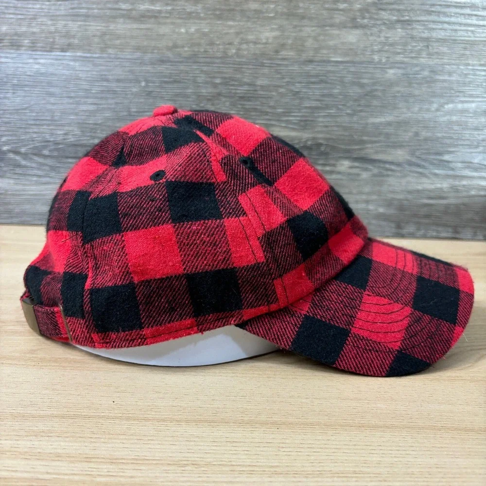Flannel Hat Cap Strap Back Womens Red Black Plaid‎ Outdoors One Size Adjustable